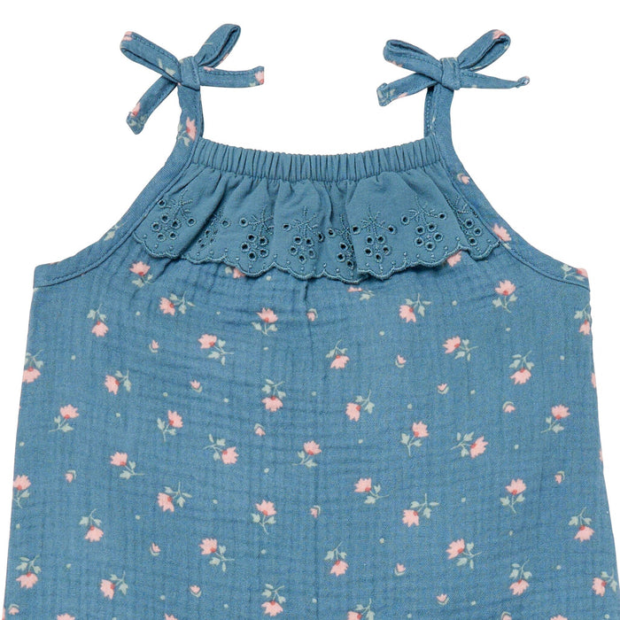 Baby Girls Dark Teal Aster Flower Sleeveless Ruffle Romper