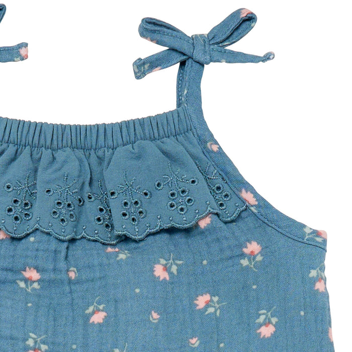 Baby Girls Dark Teal Aster Flower Sleeveless Ruffle Romper