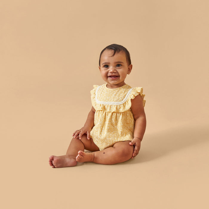 Baby Girls Yellow Vine Flower Ruffle Bubble Romper rompers Modern Moments™ by Gerber®