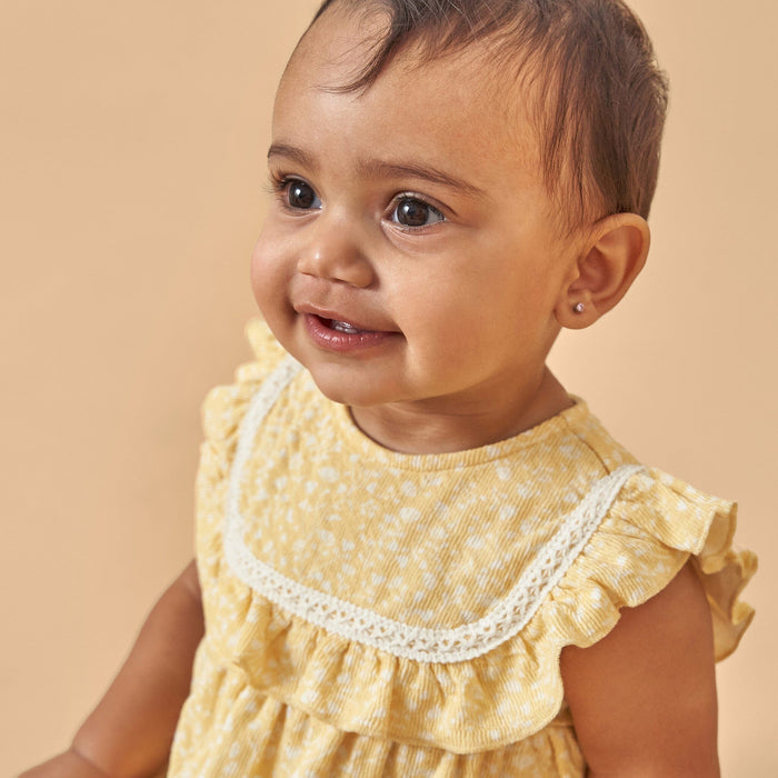 Baby Girls Yellow Vine Flower Ruffle Bubble Romper rompers Modern Moments™ by Gerber®