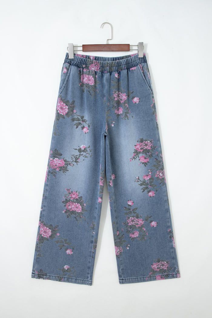 Beau Blue - Jean décontracté à taille élastique et imprimé floral
