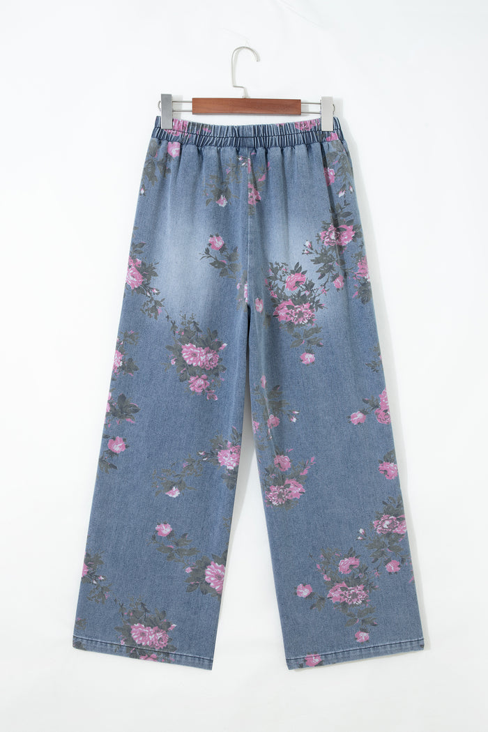 Beau Blue - Jean décontracté à taille élastique et imprimé floral
