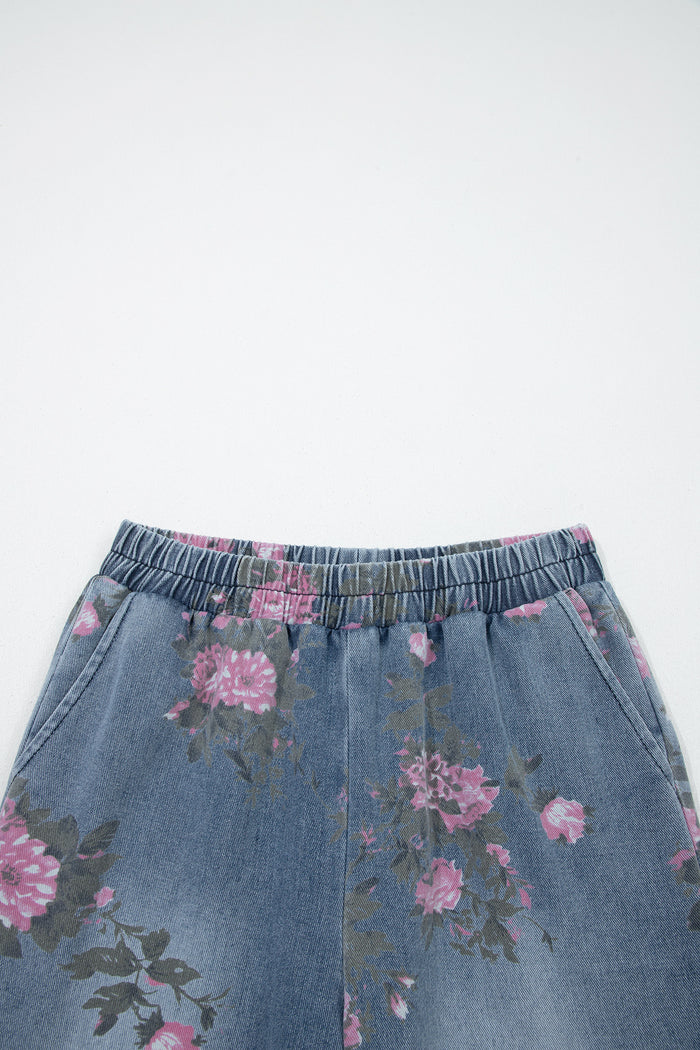 Beau Blue - Jean décontracté à taille élastique et imprimé floral