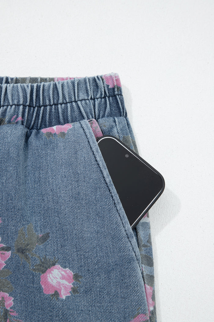 Beau Blue - Jean décontracté à taille élastique et imprimé floral
