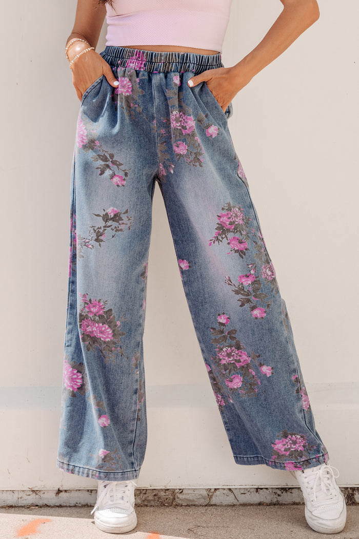 Beau Blue - Jean décontracté à taille élastique et imprimé floral