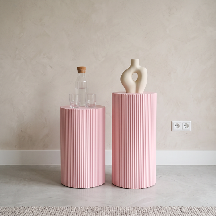 Bijzettafel Rond – Geribbelde Cilinder – MDF – Licht Roze – 30x54cm