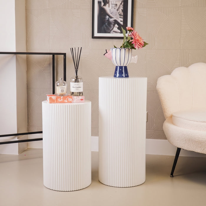 Bijzettafel Rond – Geribbelde Cilinder – MDF – Wit – 30x65cm