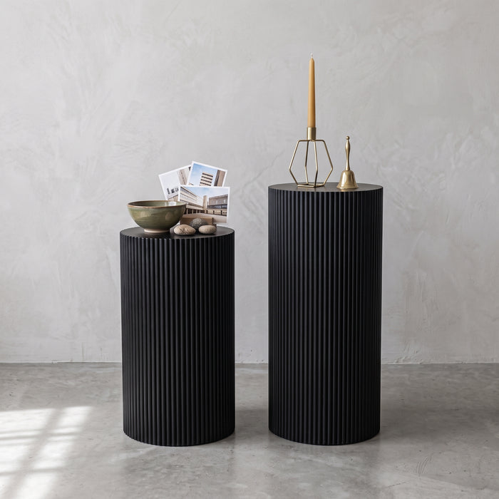 Bijzettafel Rond – Geribbelde Cilinder – MDF – Zwart – 30x65cm