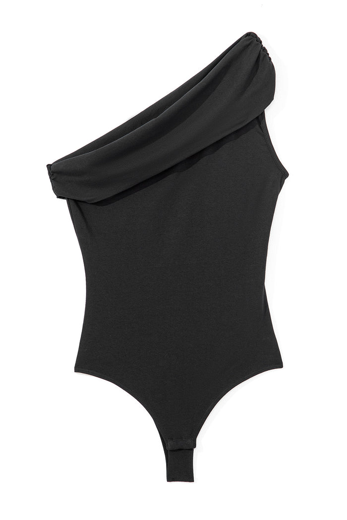 Body noir plissé à une épaule de couleur unie *-A WOMAN WE LOVE