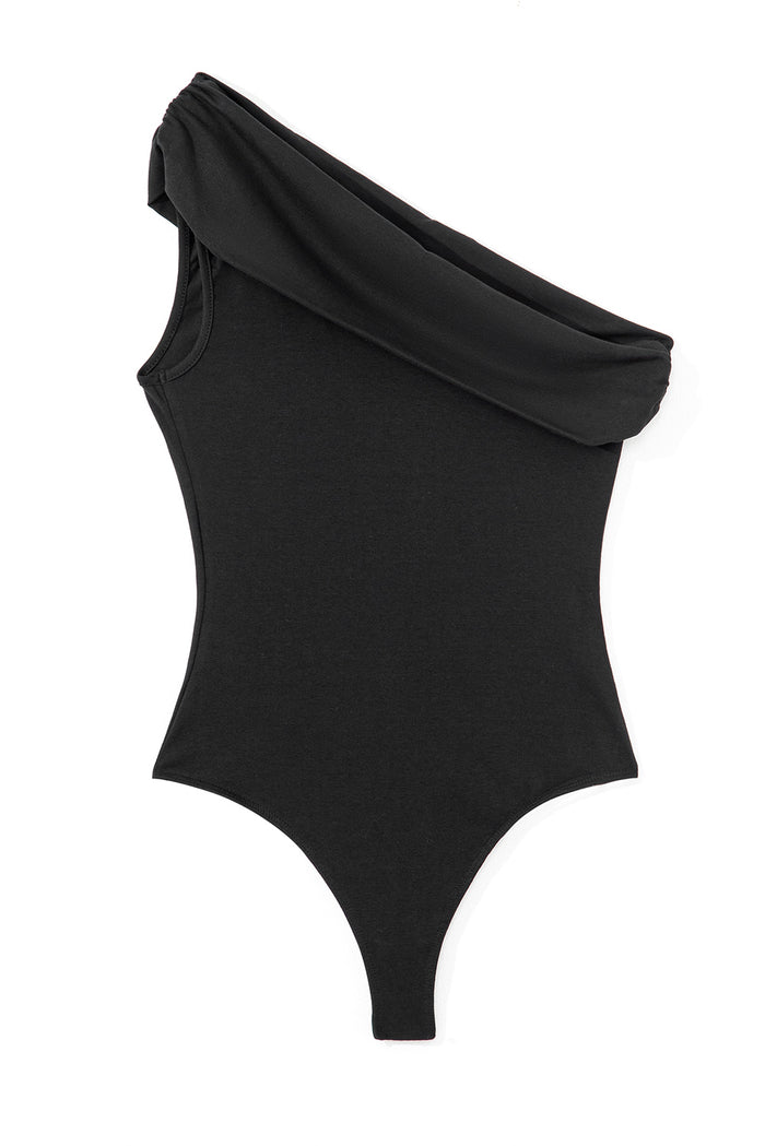 Body noir plissé à une épaule de couleur unie *-A WOMAN WE LOVE