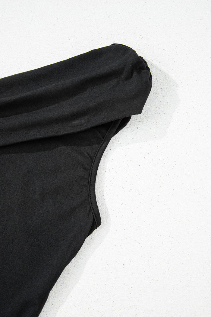 Body noir plissé à une épaule de couleur unie *-A WOMAN WE LOVE