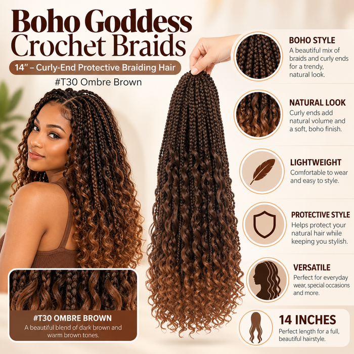Boho Goddess Crochet Braids 14″ – Curly-End Protective Braiding Hair, Color #T30 Ombre Brown Clessenza Beauty Store
