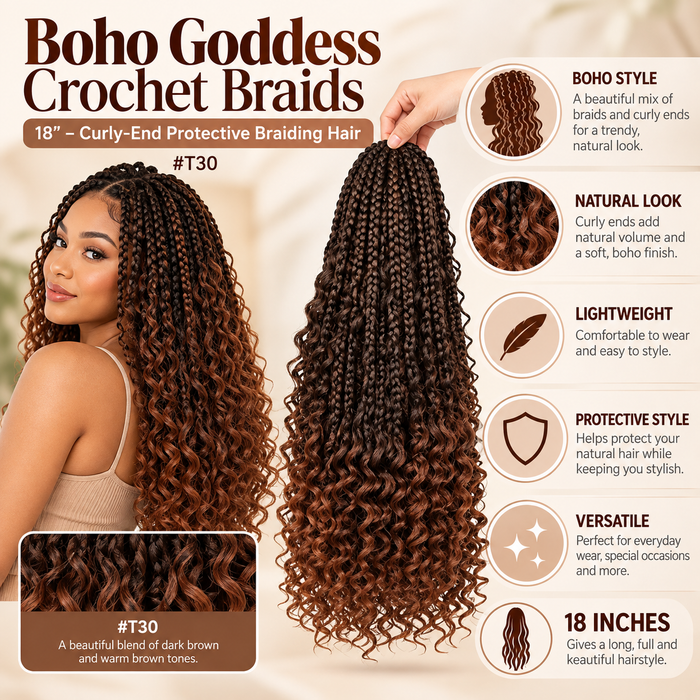 Boho Goddess Crochet Braids 18″ – Curly-End Protective Braiding Hair, #T30 Ombre Brown Clessenza Beauty Store