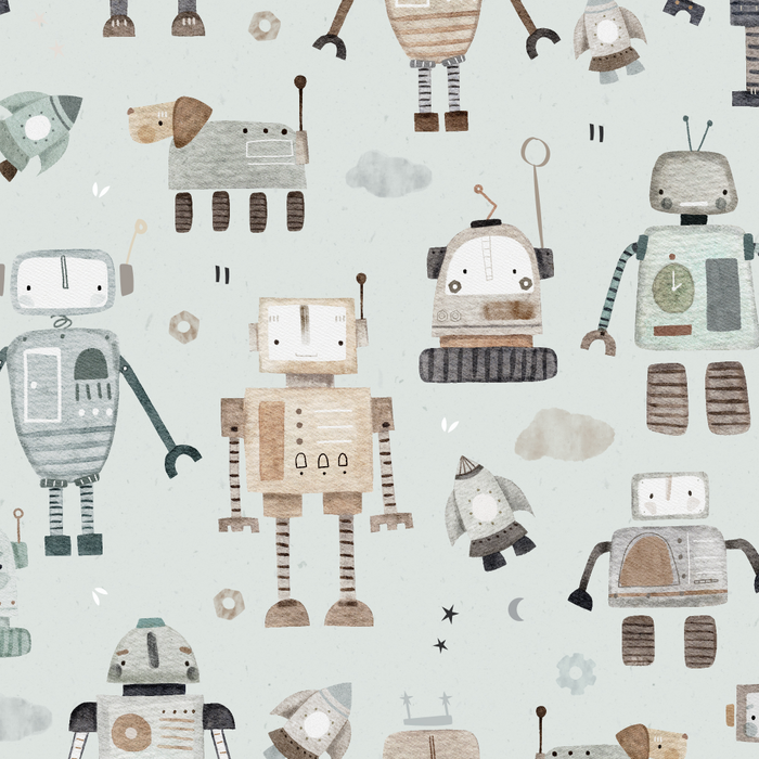 Pattern of cartoon robots on a light blue background