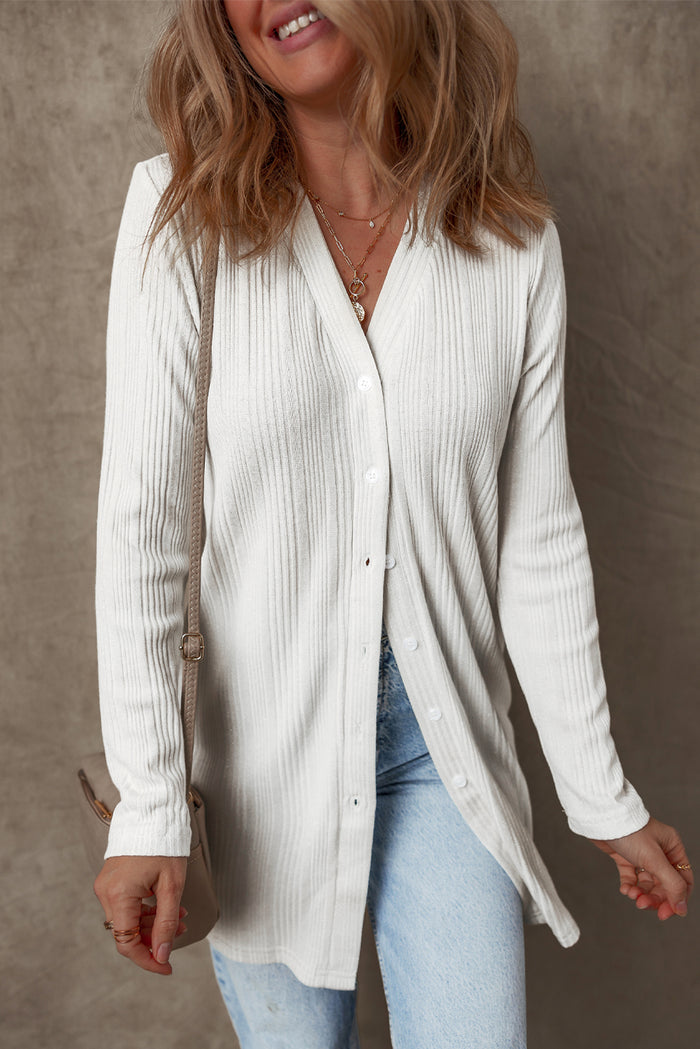 Cardigan tunique boutonné côtelé de couleur unie blanc-A WOMAN WE LOVE