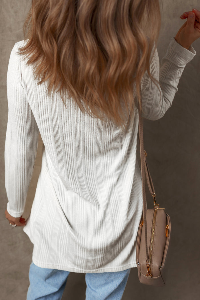 Cardigan tunique boutonné côtelé de couleur unie blanc-A WOMAN WE LOVE