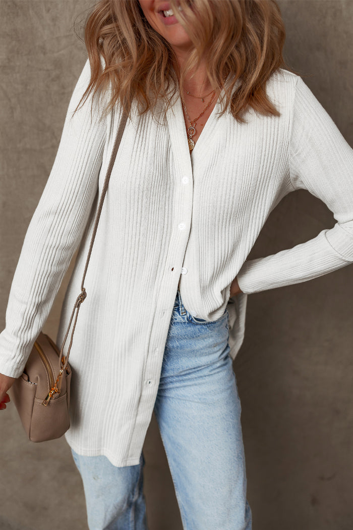 Cardigan tunique boutonné côtelé de couleur unie blanc-A WOMAN WE LOVE