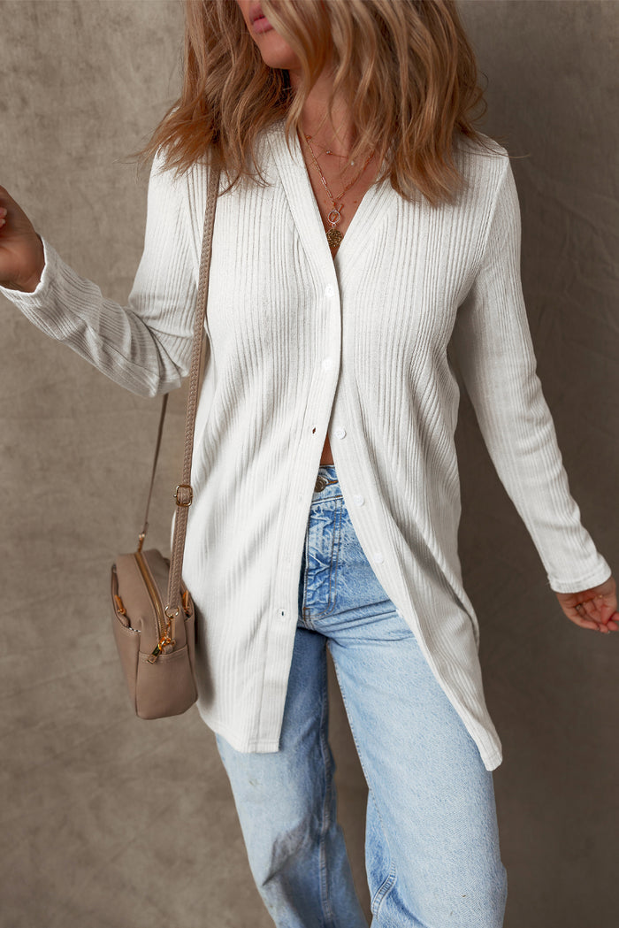 Cardigan tunique boutonné côtelé de couleur unie blanc-A WOMAN WE LOVE