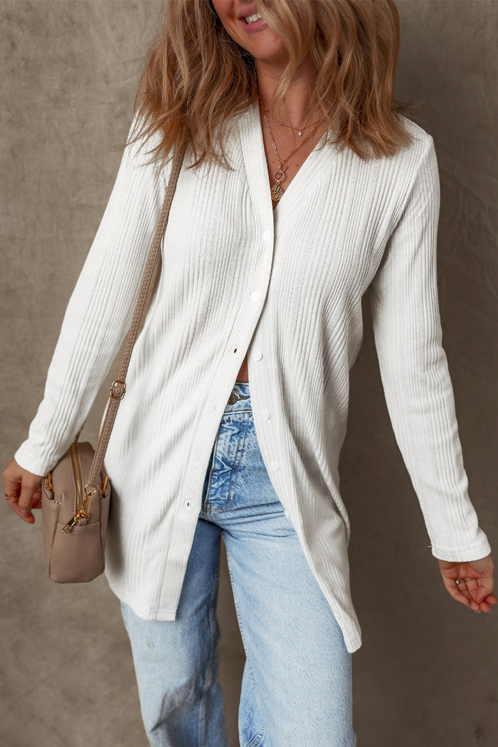 Cardigan tunique boutonné côtelé de couleur unie blanc-A WOMAN WE LOVE