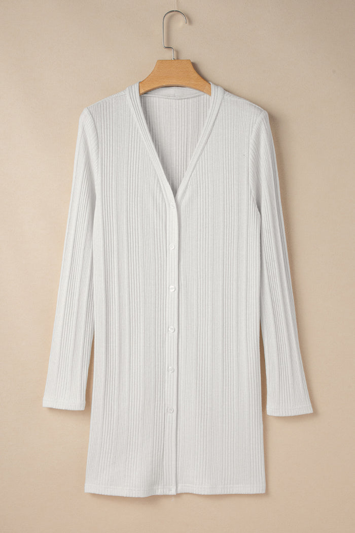 Cardigan tunique boutonné côtelé de couleur unie blanc-A WOMAN WE LOVE