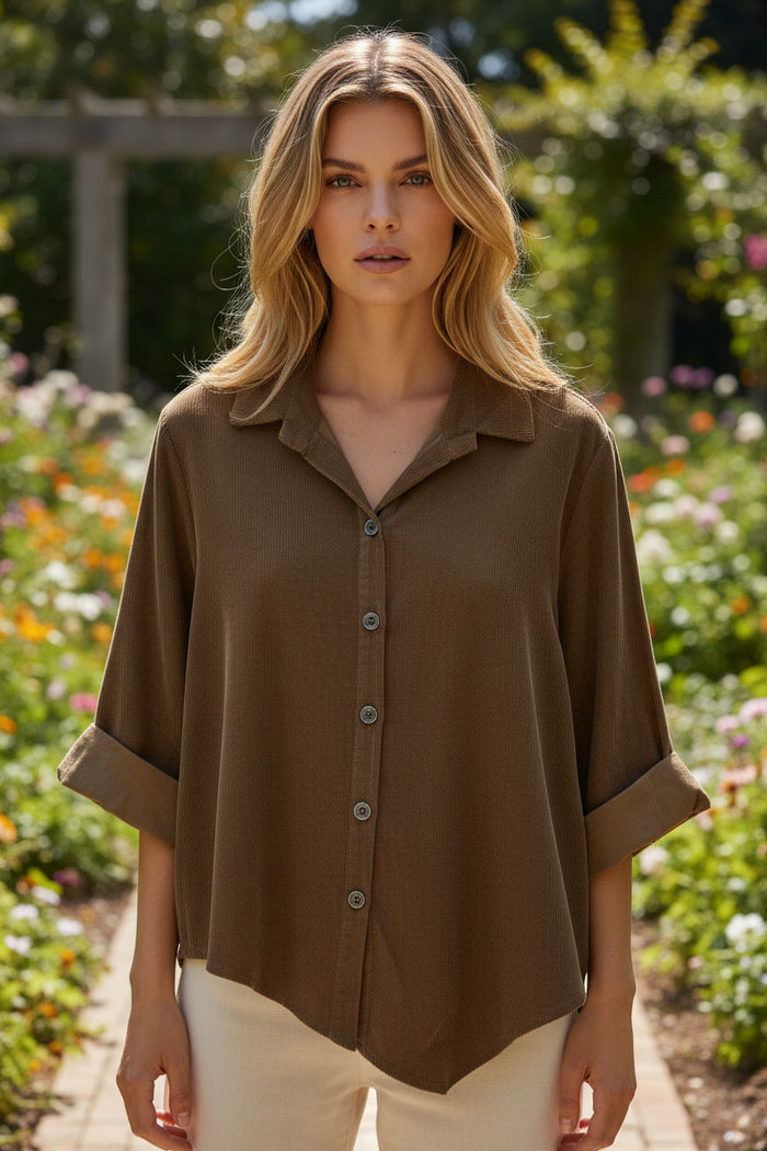 Chemise fluide boutonnée bleue marron