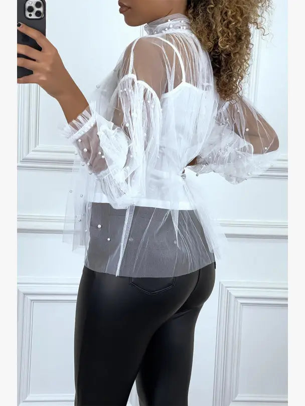 ✨ Chemisier en tulle transparente perlée
