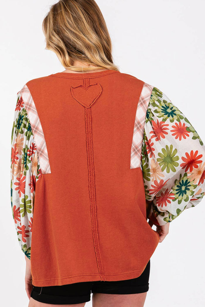 Chemisier patchwork à manches bouffantes et col rond à fleurs Desert Gold-A WOMAN WE LOVE