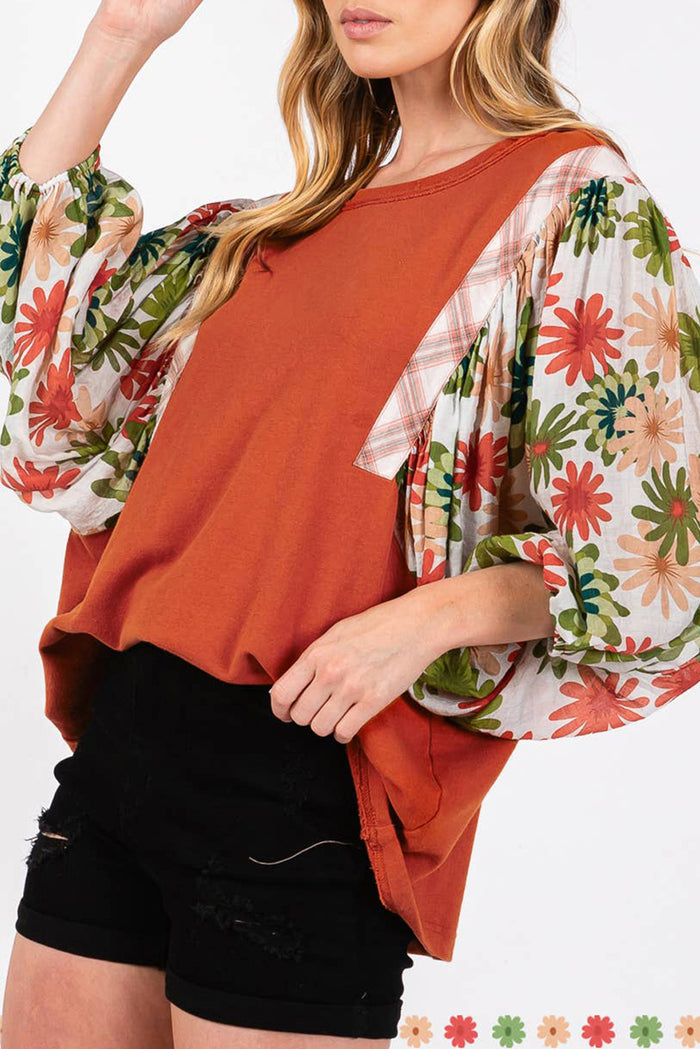 Chemisier patchwork à manches bouffantes et col rond à fleurs Desert Gold-A WOMAN WE LOVE