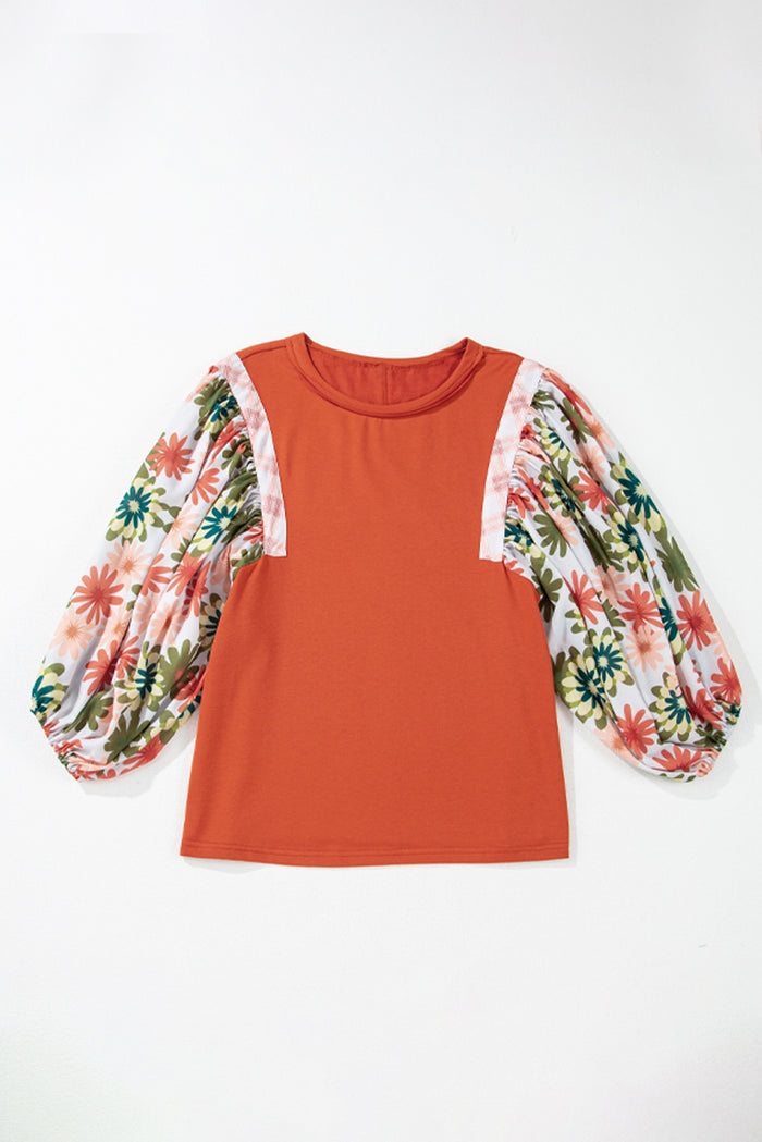Chemisier patchwork à manches bouffantes et col rond à fleurs Desert Gold-A WOMAN WE LOVE