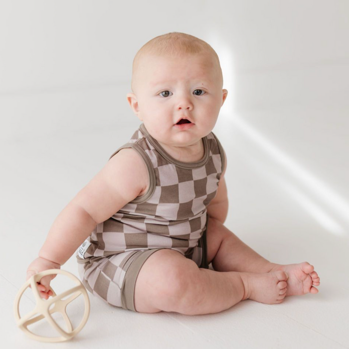 Cocoa Check Sleeveless Shorty Romper Luxe Edition | Cotton Bamboo Blend