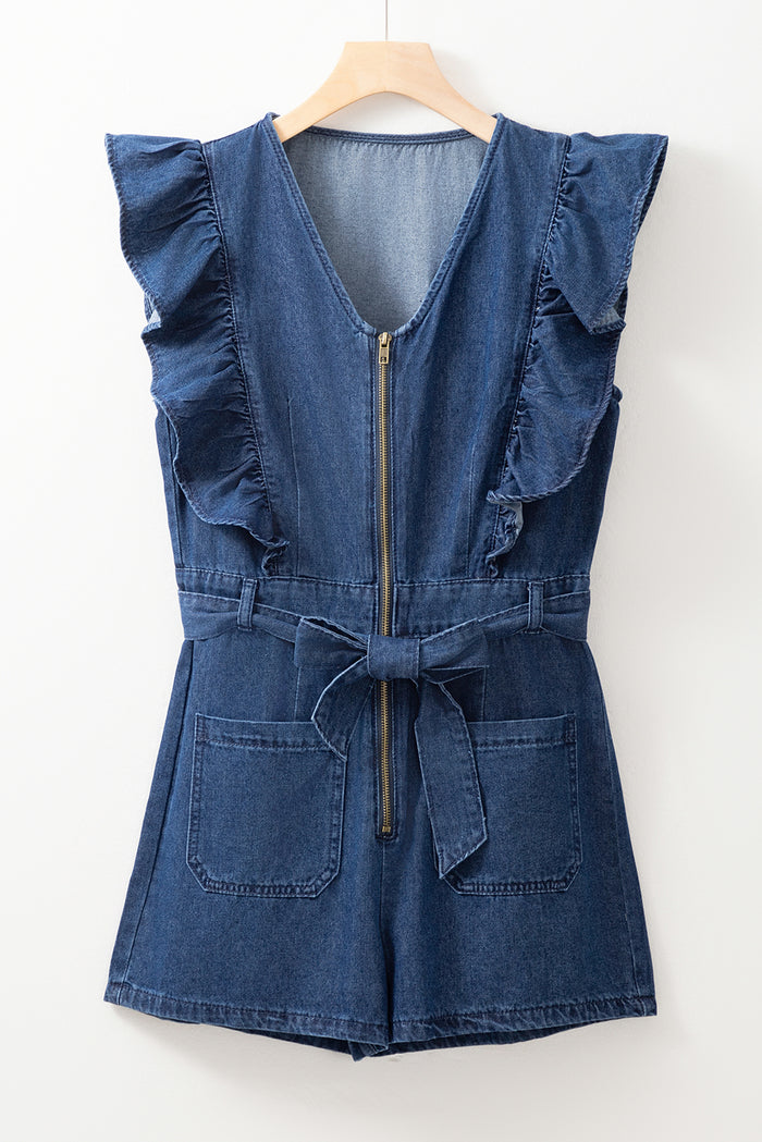 Combi-short en jean zippée à volants-A WOMAN WE LOVE