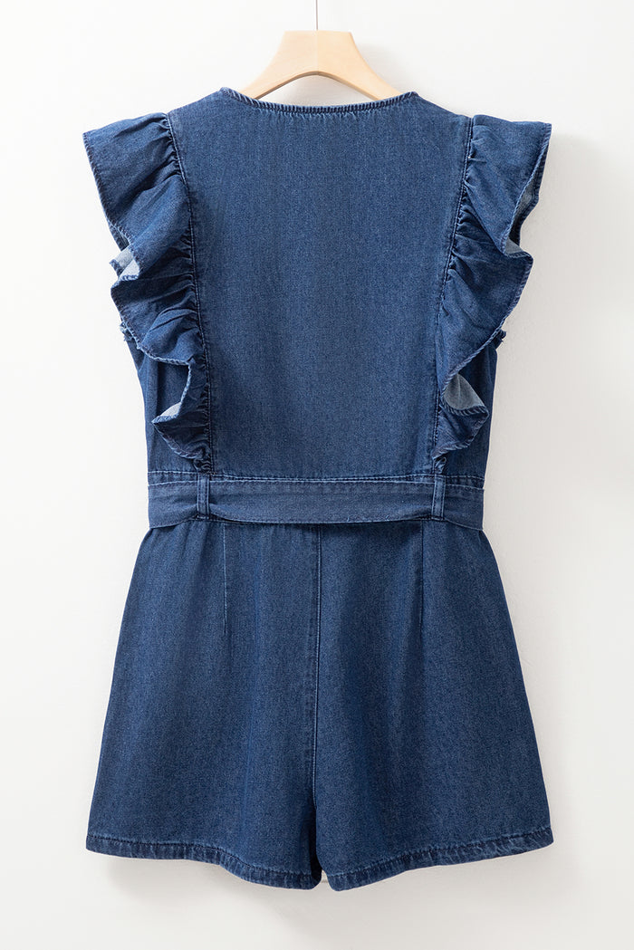 Combi-short en jean zippée à volants-A WOMAN WE LOVE
