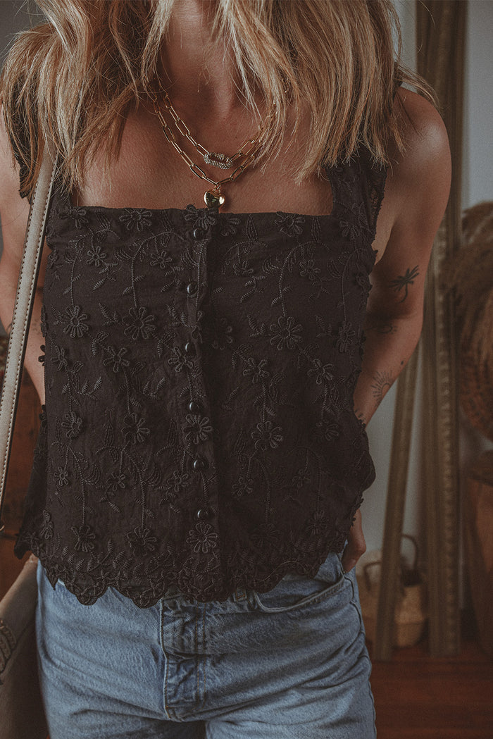 Débardeur noir à col carré boutonné et brodé de fleurs-A WOMAN WE LOVE