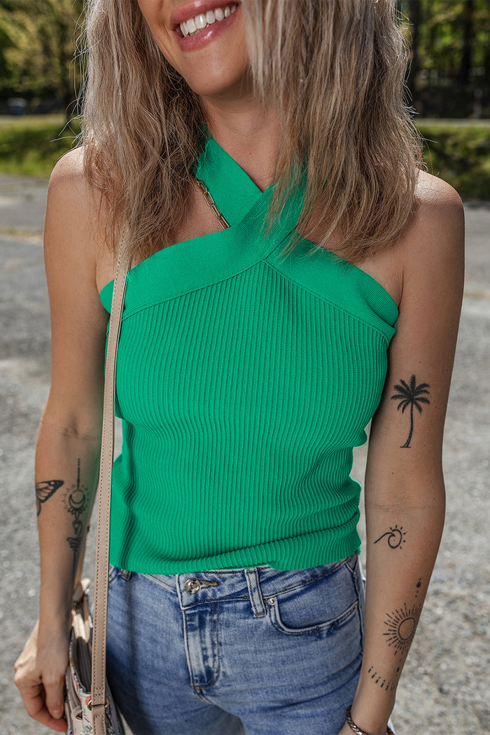 Débardeur pull fourreau vert foncé côtelé croisé à col licou-A WOMAN WE LOVE