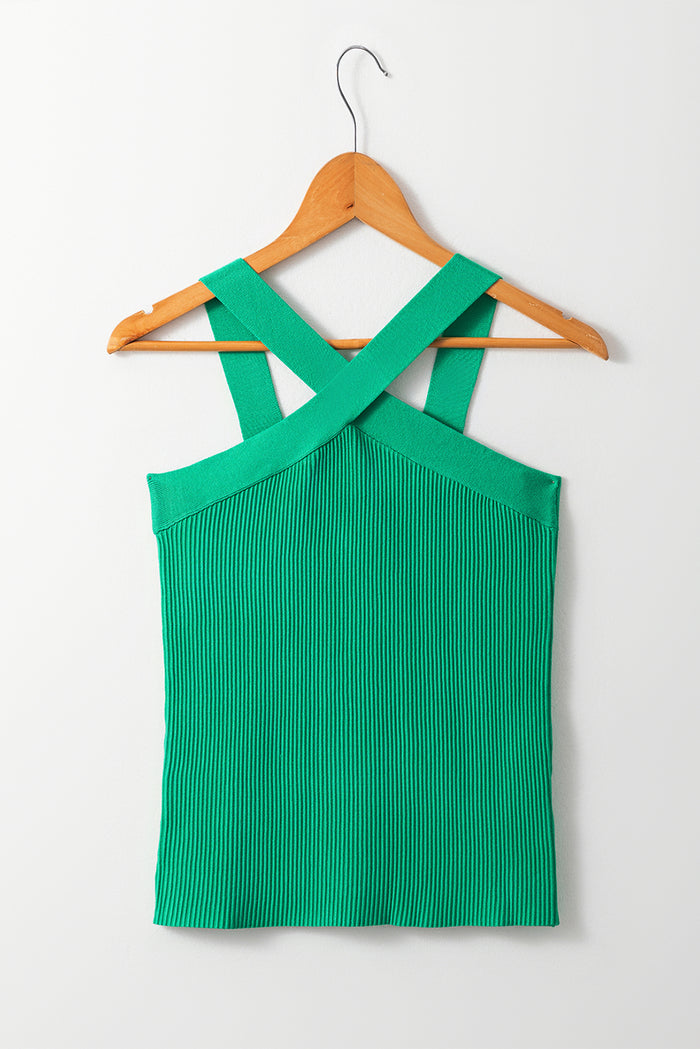 Débardeur pull fourreau vert foncé côtelé croisé à col licou-A WOMAN WE LOVE
