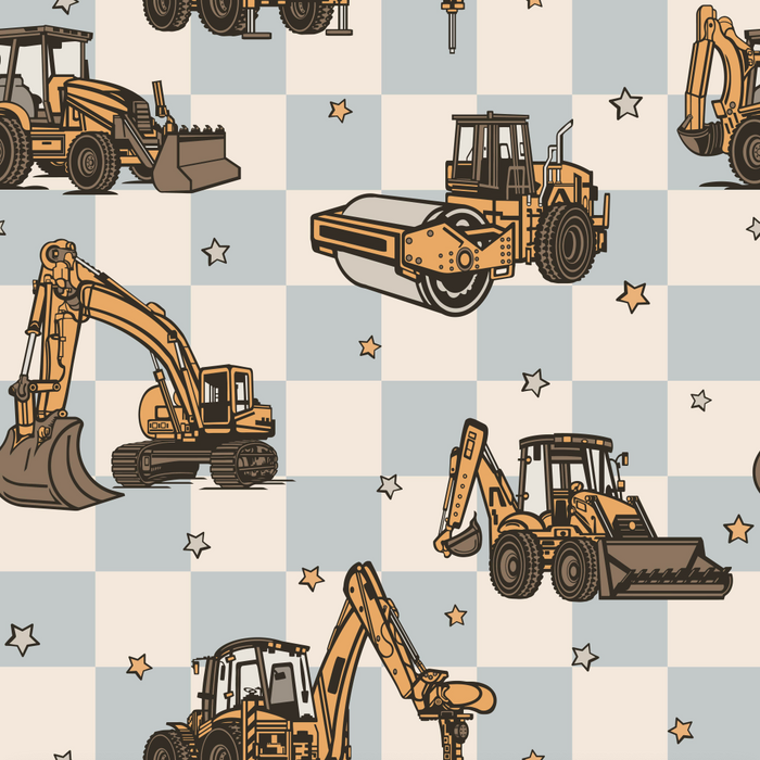 Pattern of construction vehicles on a checkered background with stars.