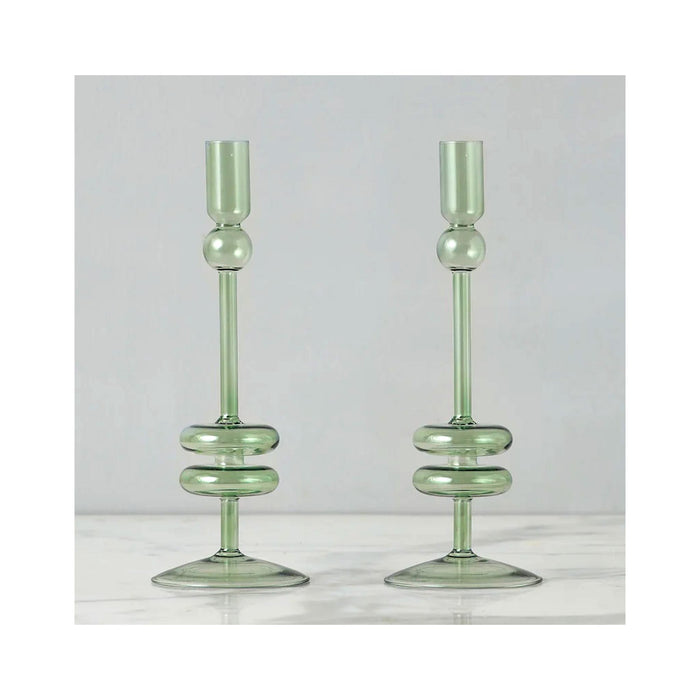 Elegant Glass Candle Holder Pairs - Medium - Sage