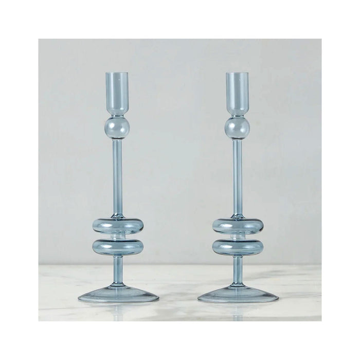 Elegant Glass Candle Holder Pairs - Medium - Denim