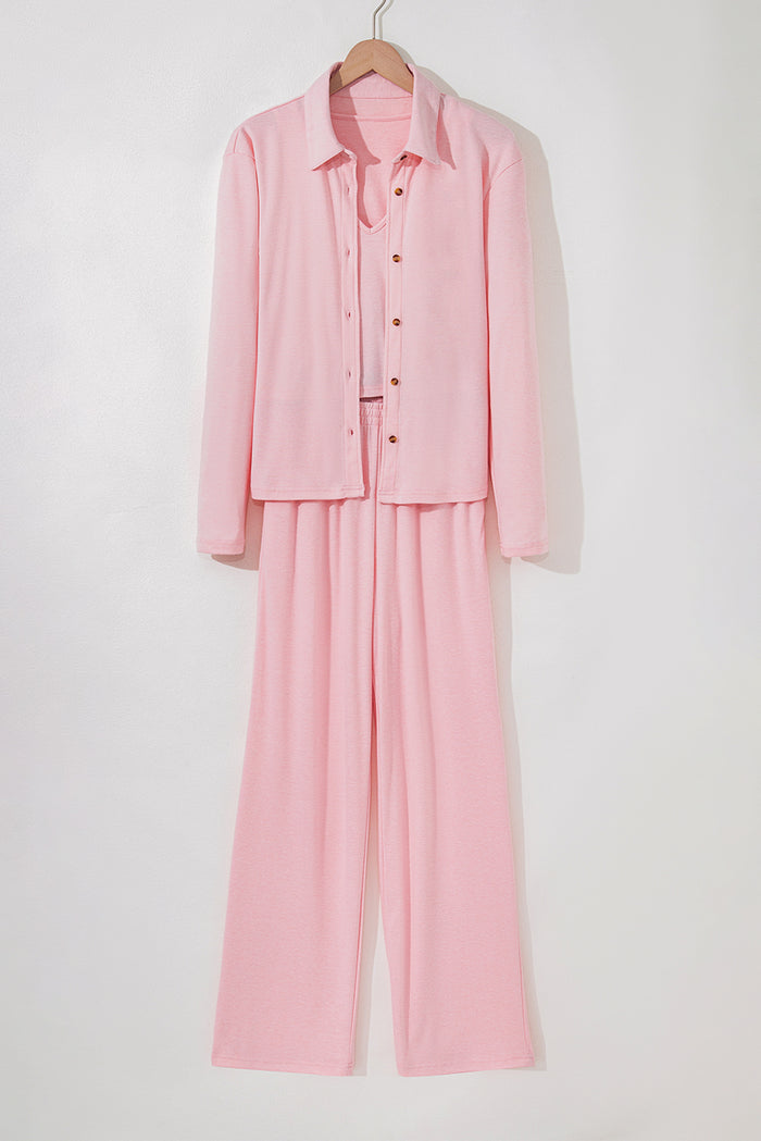 Ensemble de détente 3 pièces rose clair en maille confortable