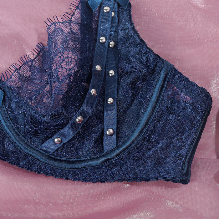 💙 Ensemble Lingerie « Nuit Étoilée » – Dentelle bleu nuit & détails bijoux