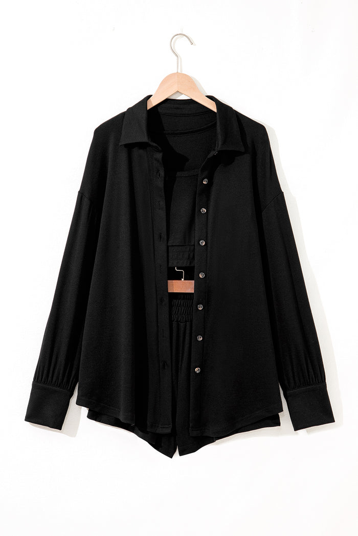 Ensemble lounge noir 3 pièces : débardeur court, short et cardigan