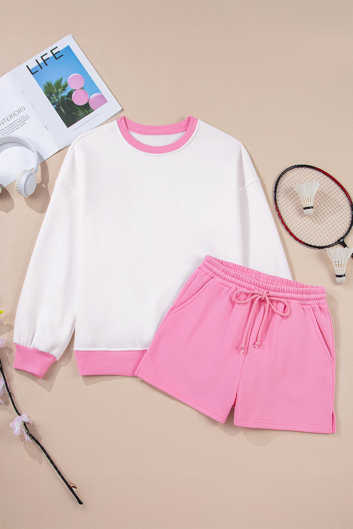 Ensemble pull bloc de couleur rose fraise et short à taille élastique à lacets