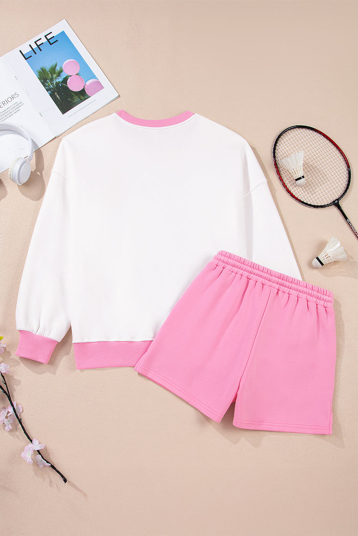 Ensemble pull bloc de couleur rose fraise et short à taille élastique à lacets
