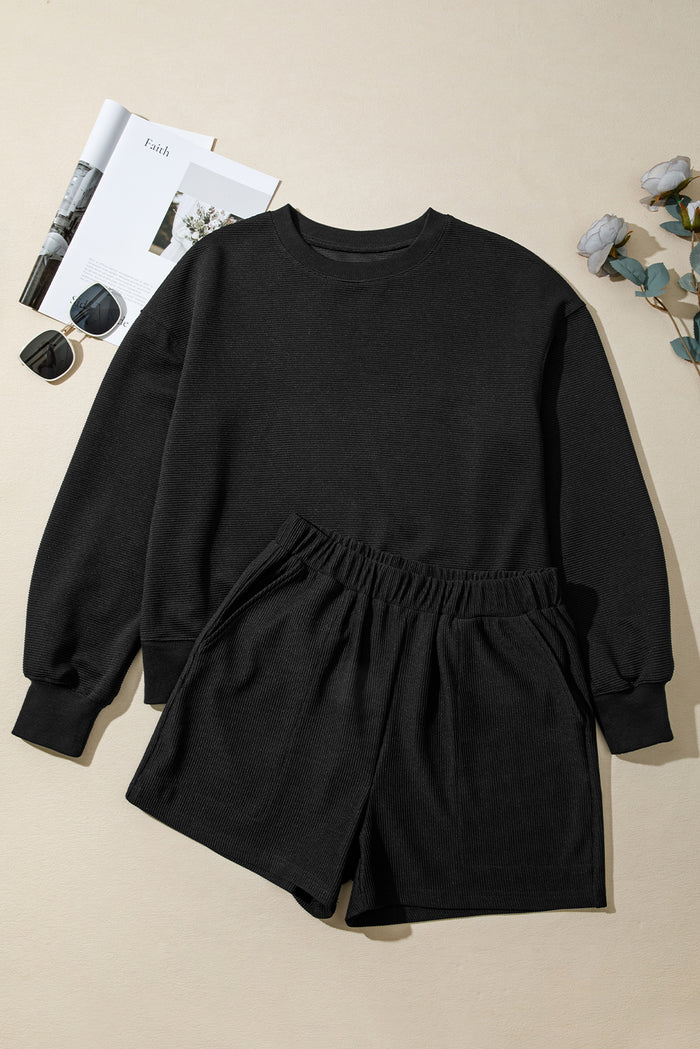 Ensemble pull et short baggy à texture côtelée noire à épaules tombantes