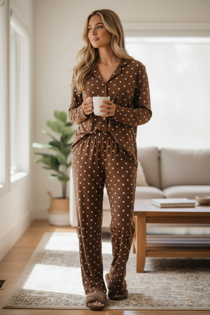 Ensemble pyjama 2 pièces : chemise à manches longues et pantalon à pois marron