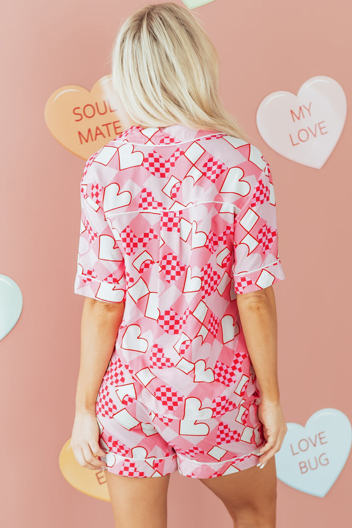 Ensemble pyjama court en soie style chemise à imprimé cœur rose