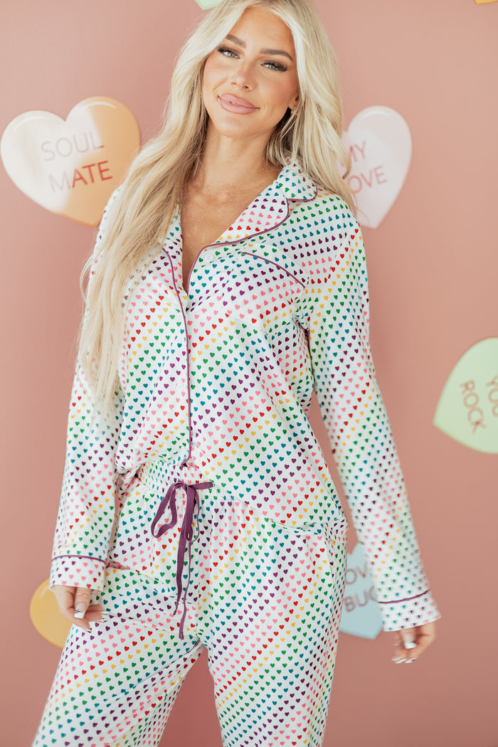 Ensemble pyjama long 2 pièces imprimé cœur blanc pour la Saint-Valentin