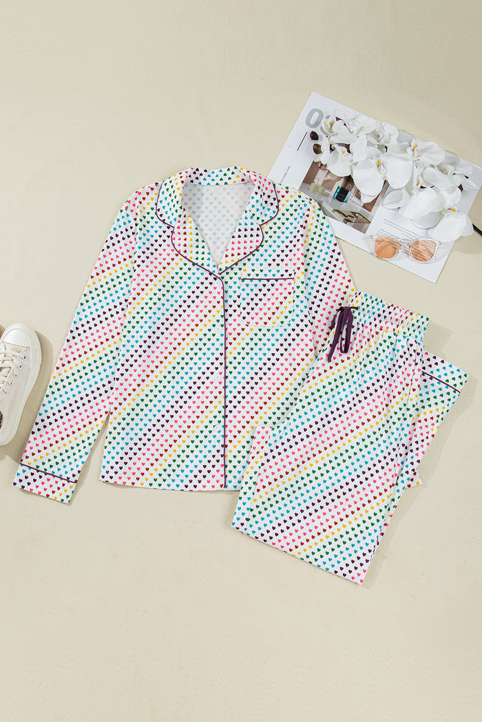 Ensemble pyjama long 2 pièces imprimé cœur blanc pour la Saint-Valentin