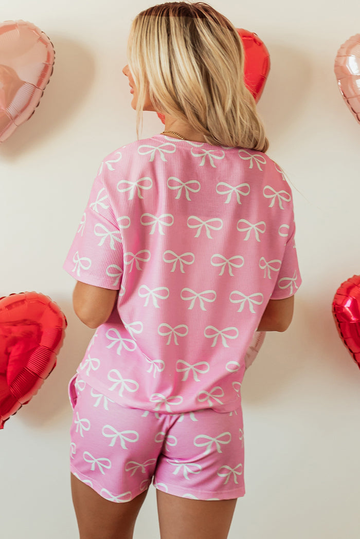 Ensemble t-shirt col V et short en tricot gaufré rose *-A WOMAN WE LOVE
