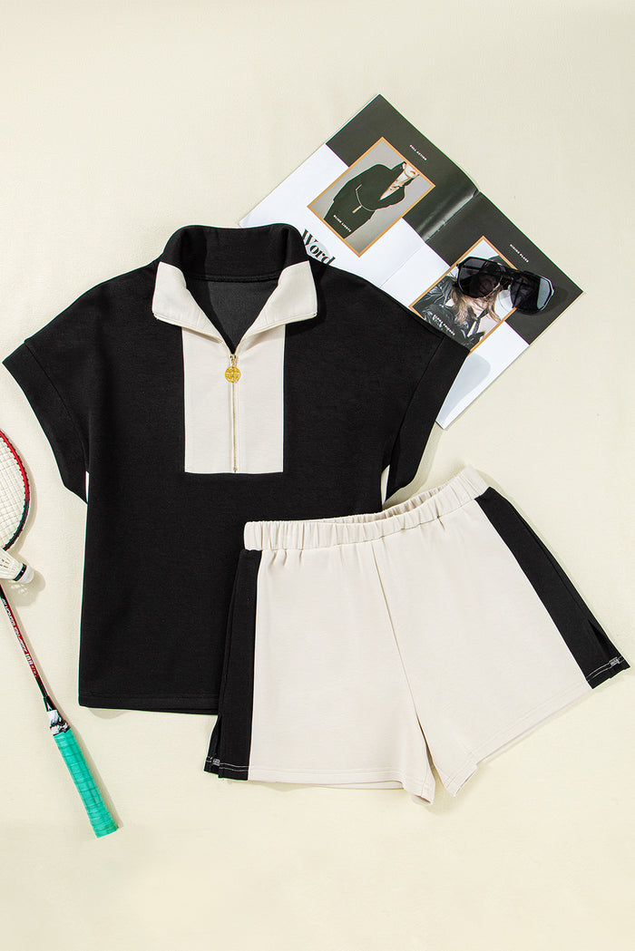 Ensemble t-shirt et short à col montant zippé contrasté noir
